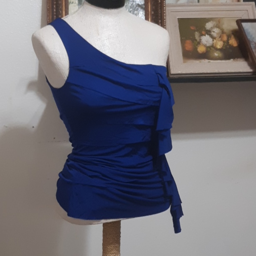 Womens Blue top Sz Small Petite On Shoulder ruffle tank Top Fancy Ruffle Front